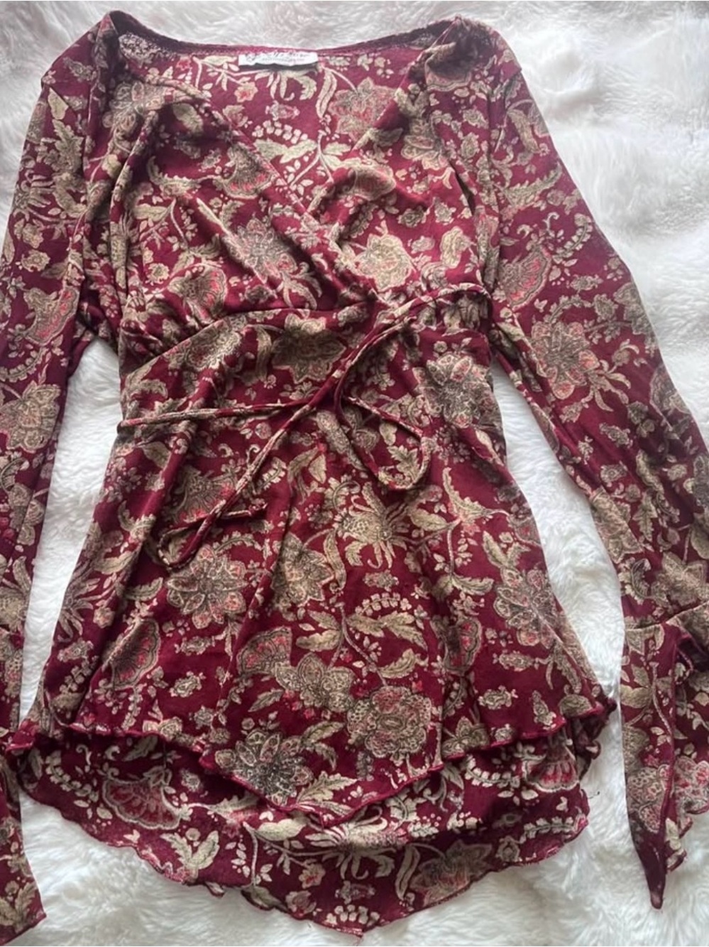 Y2k Whimsigoth Self Esteem Burgundy Floral Wrap Tunic with Tie
